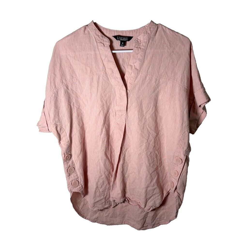 Nicole Miller Shirt Women's Medium Pink Linen Blend V-Neck Button Detail Casual